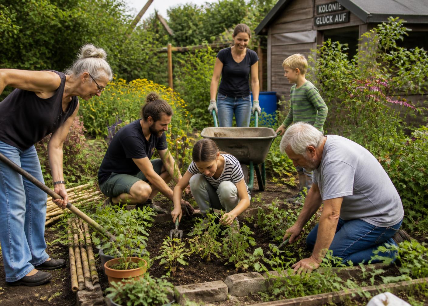 Mehrere Vereinsmitglieder unterschiedlichen Alters arbeiten gemeinsam an einem Gartenbeet